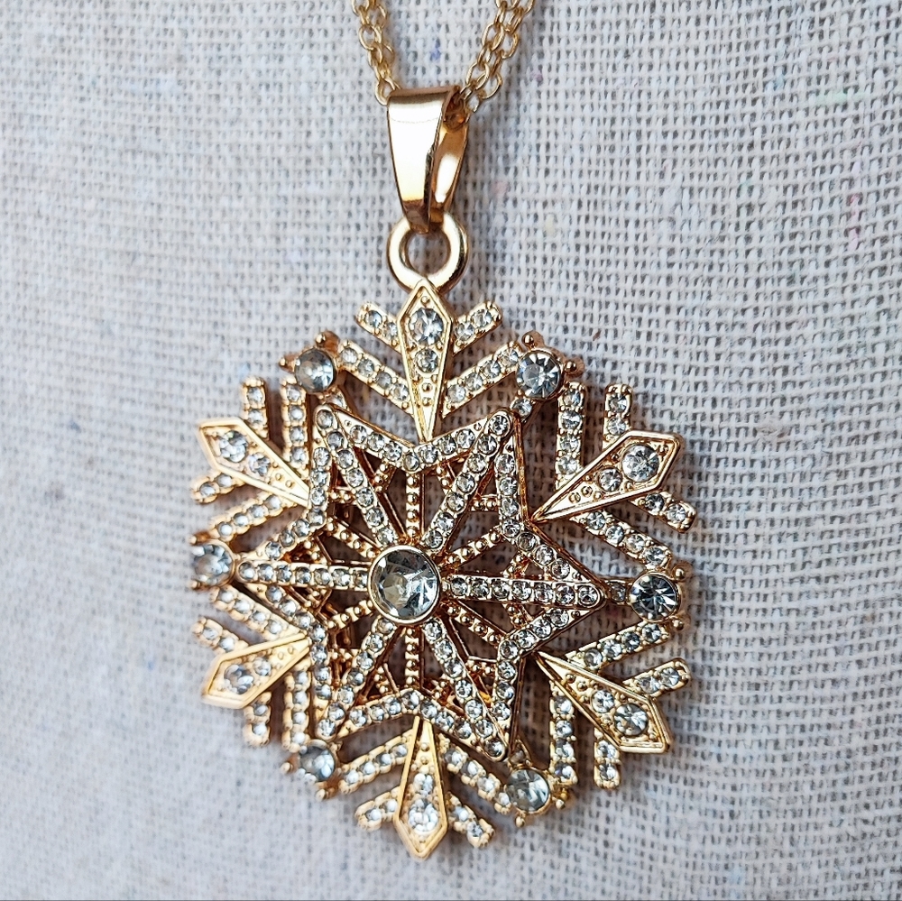 Large SNOWFLAKE Brilliant Clear Rhinestone Gold Tone Dual Link Chain Necklace